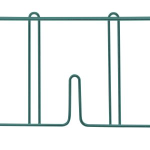 The Quantum Wire Shelf Divider, measuring 24D x 8H, is a green metal support with a grid structure, featuring vertical bars and an antimicrobial epoxy finish. It includes top loops and bottom feet for stability.