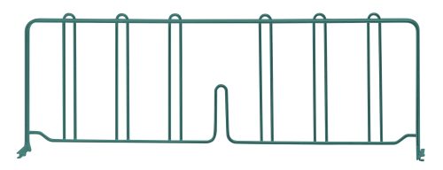 The Quantum Wire Shelf Divider, measuring 24D x 8H, is a green metal support with a grid structure, featuring vertical bars and an antimicrobial epoxy finish. It includes top loops and bottom feet for stability.