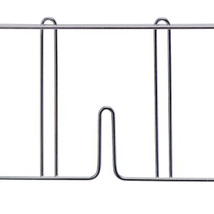 The Quantum Wire Shelf Divider, sized at 24D x 8H and made from 304 stainless steel, has six vertical bars and a horizontal base creating five compartments. The middle bottom section offers a wider opening with a central bend for enhanced utility.