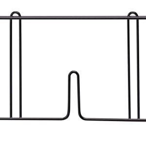 The Quantum Wire Shelf Divider, measuring 30D x 8H, is black with an epoxy antimicrobial finish. It features multiple vertical and horizontal bars, hooks at the top for hanging, and a small V-shaped cutout at the bottom.