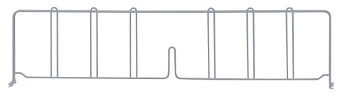 The Quantum Wire Shelf Divider is a 30D x 8H metal rack with a gray epoxy antimicrobial finish. It features multiple vertical dividers, support notches, and end hooks for holding items upright, making it perfect for organized storage.