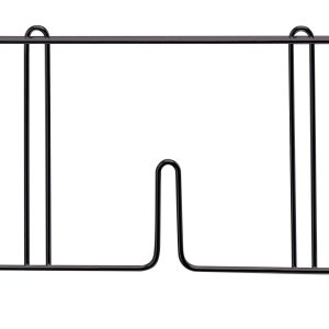 The Quantum Wire Shelf Divider, 36D x 8H, has a black metal frame with six vertical rods and a bottom notch. Its black epoxy antimicrobial finish makes it ideal for organizing or storing items efficiently.