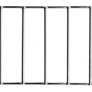 The Quantum Bin Divider, compatible with QMB520C, features a chrome-plated metal side panel with vertical bars in a rectangular frame. It includes a narrower section with diagonal supports on the right side and boasts a durable chrome finish.