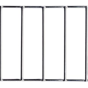 A chrome-plated metal grille with parallel bars and an angled section on the right side, likely part of a protective barrier or structure, is used with the Quantum Bin Divider QMB524C and is isolated on a white background.