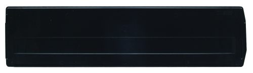 DMS531.jpg Close-up of a Quantum Bin Divider, solid black and rectangular with smooth edges, designed for use with QMS531. Set against a plain white background. Made in USA. Pack of 6.