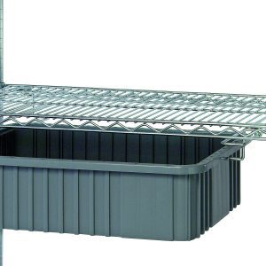 The Quantum Single Bin Drawer Slide suspends bins and trays below wire shelves with vertical grooves, using a chrome-plated finish and supported by vertical metal poles.