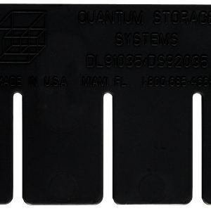 A black Quantum Short Divider made of conductive plastic, featuring slots for drawer organization. Embossed: Quantum Storage Systems, DL91030, DG92035CO, Made in USA, Miami, FL, with contact: 1-800-685-4666.