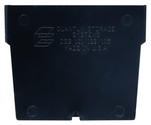 A rectangular black storage bin, engraved with Quantum Storage Systems DSB 101/103/105 Made in U.S.A. on the front, is perfect for Bin DSB101 (pack of 50) and can also hold a Quantum Bin Divider.