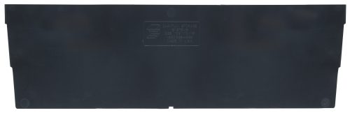A rectangular black plastic Quantum Bin Divider for bin DSB109, with rounded corners, features embossed text, a logo in the center with product details in faint letters. Available in packs of 50.