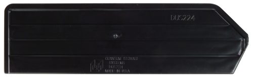 The Quantum Bin Divider, made in the USA, is designed for bin QUS224. It features a black plastic build with a triangular end, marked DUS224, and includes a small circular detail. Comes in a pack of 6.