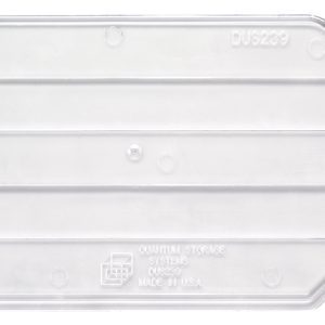 The Quantum Bin Divider, a pack of 6 clear units for the QUS239 bin, features horizontal ridges and a diagonal edge. Embossed with Quantum Storage Systems and Made in USA, its an ideal solution for efficient bin organization.