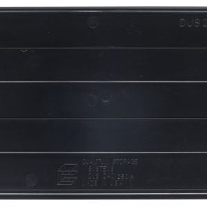 A black plastic dust cover for a cassette tape labeled DUS 240/250 AQ is shown, designed for Quantum bins QUS240 and QUS250 (pack of 6). It features surface ridges and embossed technical details at the bottom, proudly Made in USA.