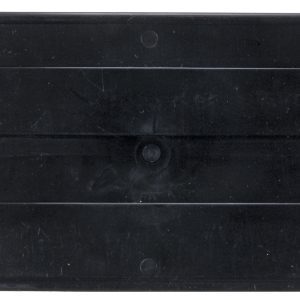 The Quantum Bin Divider, designed for bin QUS245 and made in the USA, features a black rectangular design with slightly raised edges, a textured surface, and a small raised circular indent at the center. Code DUS 245 is embossed in the top right corner.
