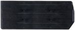 A sleek, black, rectangular plastic car license plate with horizontal ridges and a unique right-side border, resembling the Quantum Bin Divider made in the USA.
