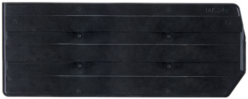 A sleek, black, rectangular plastic car license plate with horizontal ridges and a unique right-side border, resembling the Quantum Bin Divider made in the USA.