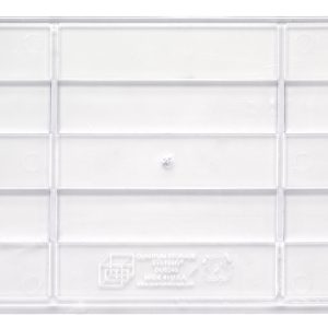 The Quantum Bin Divider, clear with a grid pattern and recycling symbol, is designed as a bin divider for Bin QUS248 (pack of 6). It showcases quality craftsmanship and is proudly made in the USA.