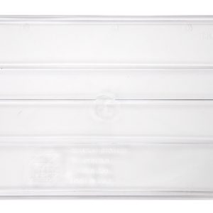 The Quantum Bin Divider, made in the USA, features a rectangular clear plastic design with ridged lines and a circular center indentation. The pointed right end and embossed text make it ideal for use in Bin Qus255. Comes in a Pack of 6.