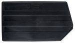 A black, rectangular plastic Quantum Bin Divider DUS230 for bin QUS260 with an embossed text, featuring a stepped design and pointed end. Made in the USA by Quantum Storage Systems and available in a pack of 6.