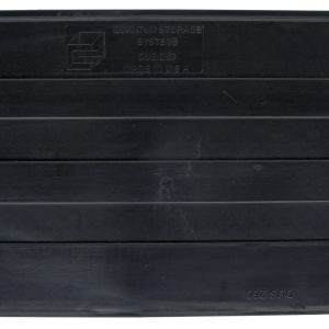 A black, rectangular plastic Quantum Bin Divider DUS230 for bin QUS260 with an embossed text, featuring a stepped design and pointed end. Made in the USA by Quantum Storage Systems and available in a pack of 6.