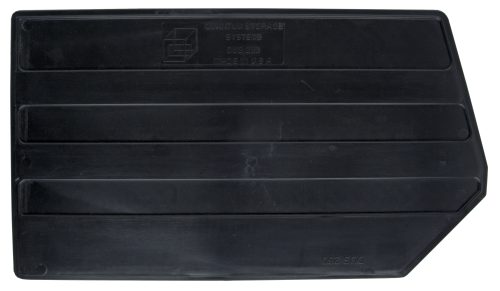 A black, rectangular plastic Quantum Bin Divider DUS230 for bin QUS260 with an embossed text, featuring a stepped design and pointed end. Made in the USA by Quantum Storage Systems and available in a pack of 6.