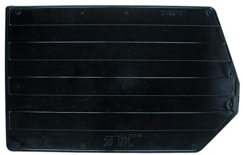 This Quantum Bin Divider for QUS270 (pack of 6), made in the USA, is a large, rectangular black plastic item with horizontal ridges and a small right-side protrusion, featuring embossed text and symbols.