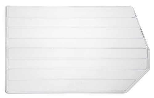 The Quantum Bin Divider is a clear, transparent, rectangular cover with parallel ridges and a slanted corner, designed to fit bin Qus270. Made in the USA, it comes in a pack of 6 and stands out against a white background.