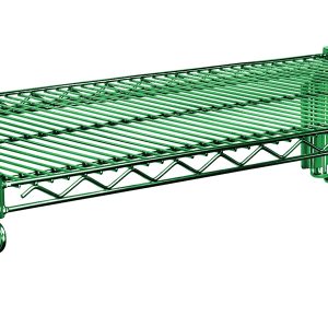 The Quantum Cantilever Single Shelf includes a 24W x 12D wire shelf with a green epoxy antimicrobial finish, supported by two 12 cantilever arms and triangular mounting brackets. This wall-mounted shelf is designed with hooks on both ends for added convenience.