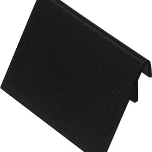 A Quantum Label Holder, 45° angle, black with folded edges, measures 4W x 2-1/4H. Its minimalist design resembles a bracket or stand against a white background and is made in the USA.