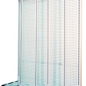 The Quantum Slider Frame With Gondola, Ivory, features vertical dividers and a perforated back panel on a black base, ideal for organizing tools or merchandise with elegance and functionality.