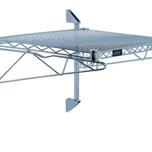 The Quantum Cantilever Single Shelf Post Wall Mount includes a 24W x 12D shelf, two 14 posts, two 12 cantilevers, and mounting brackets. It boasts a wire mesh design with an NSF-certified gray epoxy antimicrobial finish for stability and a sleek appearance.