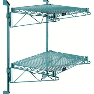 The Quantum Cantilever Double Shelf Post Wall Mount features two 24W x 12D shelves with a green epoxy antimicrobial finish, supported by (4) 12 cantilever arms and mounted on (2) 34 posts, providing excellent organization and storage.