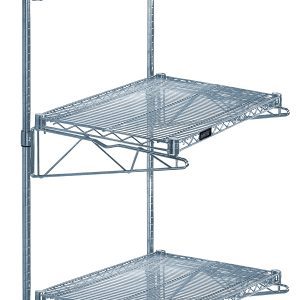 Quantum Cantilever Double Shelf Post Wall Mount features three 24W x 12D gray epoxy antimicrobial shelves with a grid design, supported by two 54 posts, six 12 cantilever arms, and four mounting brackets, providing ample spaced storage mounted vertically. NSF certified.
