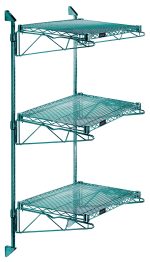 The Quantum Cantilever Double Shelf Post Wall Mount includes three 24W x 12D shelves, two 54 posts, and six 12 cantilever arms with four mounting brackets. Its green epoxy antimicrobial finish ensures durability and a modern look, ideal for minimalistic organization or display.