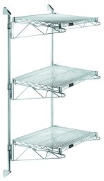 The Quantum Cantilever Double Shelf Post Wall Mount features three 24W x 12D chrome-plated shelves, supported by two 54 posts and four mounting brackets, with six cantilever arms for adjustable spacing, offering a simple and functional design ideal for storage or display.