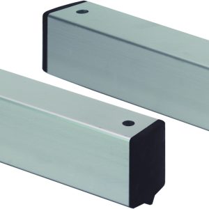 Two NSF-approved aluminum beams named Quantum Two Skates for Floor Track Systems feature a smooth, reflective silver surface with black end caps, positioned parallel on a white background, seamlessly integrating into modern setups.