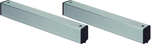 Two NSF-approved aluminum beams named Quantum Two Skates for Floor Track Systems feature a smooth, reflective silver surface with black end caps, positioned parallel on a white background, seamlessly integrating into modern setups.