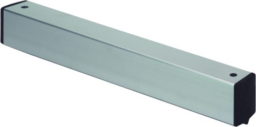 HD18.jpg The Quantum Single Skate, designed for floor track systems and made from NSF-approved aluminum, is rectangular with a brushed silver finish and black end caps. Its smooth, reflective surface features small round holes on top at both ends for easy integration.