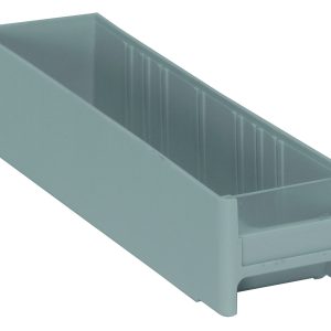 The Quantum Interlocking Cabinet Drawer, 11L x 2-3/4W x 2-1/2H, is made from high-impact polystyrene. This gray, rectangular bins open top and tapered sides are perfect for organizing small items and include vertical ridges inside with a label area on one end. Proudly made in the USA.