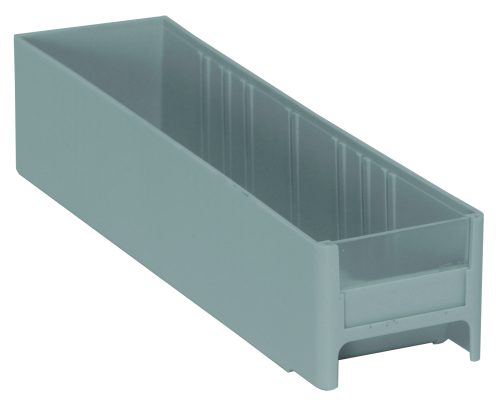 The Quantum Interlocking Cabinet Drawer, 11L x 2-3/4W x 2-1/2H, is made from high-impact polystyrene. This gray, rectangular bins open top and tapered sides are perfect for organizing small items and include vertical ridges inside with a label area on one end. Proudly made in the USA.