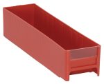 The Quantum Interlocking Cabinet Drawer is a compact 11L x 2-3/4W x 2-1/2H red storage bin, made in the USA from high-impact polystyrene, featuring an open top and clear front panel for efficient organization.
