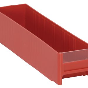 The Quantum Interlocking Cabinet Drawer is a compact 11L x 2-3/4W x 2-1/2H red storage bin, made in the USA from high-impact polystyrene, featuring an open top and clear front panel for efficient organization.