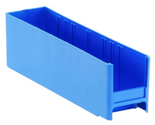 The Quantum Interlocking Cabinet Drawer, blue and made of high-impact polystyrene in the USA, measures 11 x 2-3/4 x 3-5/16. It has ribbed sides and a small lip for organization or storage, designed to interlock seamlessly with an open top.