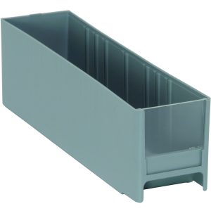 The Quantum Interlocking Cabinet Drawer, measuring 11L x 2-3/4W x 3-5/16H, is a gray, high-impact polystyrene storage solution made in the USA. It features an open top and transparent front with ridged sides for support, making it ideal for organizing items in a long rectangular shape.