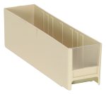The Quantum Interlocking Cabinet Drawer in ivory, measuring 11L x 2-3/4W x 3-5/16H, is crafted from high-impact polystyrene and features an open top with a slightly transparent front panel. Made in the USA, it resembles a storage bin against a plain white background.