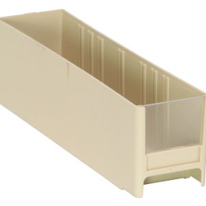 The Quantum Interlocking Cabinet Drawer in ivory, measuring 11L x 2-3/4W x 3-5/16H, is crafted from high-impact polystyrene and features an open top with a slightly transparent front panel. Made in the USA, it resembles a storage bin against a plain white background.