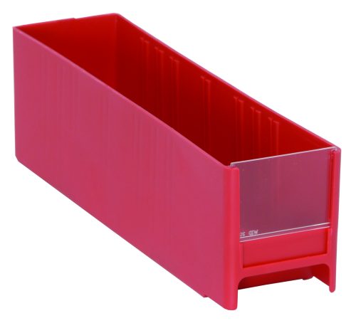 A red Quantum Interlocking Cabinet Drawer, measuring 11L x 2-3/4W x 3-5/16H, made in the USA from high-impact polystyrene, is perfect for organizing items with its open-top design and transparent front panel.
