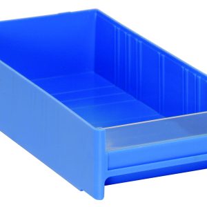 The Quantum Interlocking Cabinet Drawer, made in the USA, is a blue rectangular high-impact polystyrene storage bin with dimensions of 11L x 5-5/8W x 2-1/2H. It features a clear front panel for easy organization of small items with an angled design highlighting its sturdy structure.