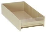 The Quantum Interlocking Cabinet Drawer is an 11L x 5-5/8W x 2-1/2H, ivory high-impact polystyrene drawer with an open front, clear panel, and vertical ridges for organization. Its rectangular design allows stacking or easy sliding into a shelf unit. Made in the USA.