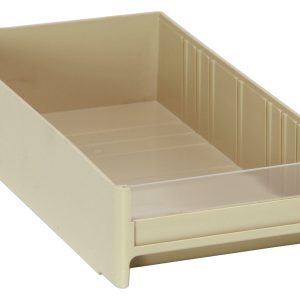 The Quantum Interlocking Cabinet Drawer is an 11L x 5-5/8W x 2-1/2H, ivory high-impact polystyrene drawer with an open front, clear panel, and vertical ridges for organization. Its rectangular design allows stacking or easy sliding into a shelf unit. Made in the USA.