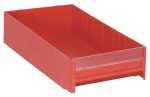 The Quantum Interlocking Cabinet Drawer is a red, rectangular bin made in the USA from high-impact polystyrene. Featuring an open top and transparent front panel, its perfect for organizing workshops, garages, or warehouses efficiently.